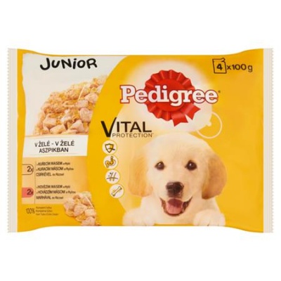 Kutyaeledel, alutasakos, 4x100 g, PEDIGREE "Junior", csirke és rizs, marha és rizs